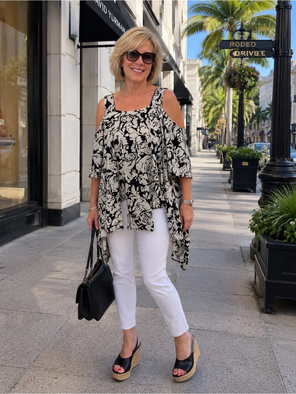 Clara Sun Woo Black and Cream Abstract Print Top